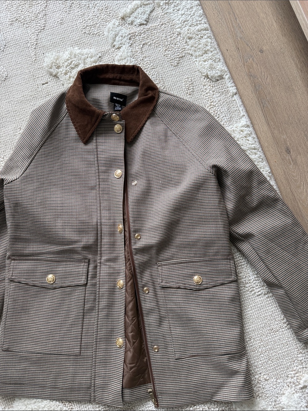 Brown Houndstooth Field Jacket with Corduroy Collar - Picture 2 of 3